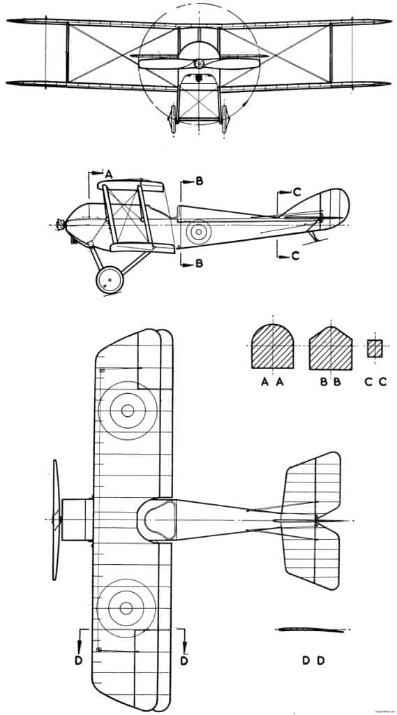 Общий вид самолета Мартинсайд S.1 «Скаут», сечения крыльев и фюзеляжа. Самолет с упрощенным вариантом шасси с V-образными основными стойками и без вооружения